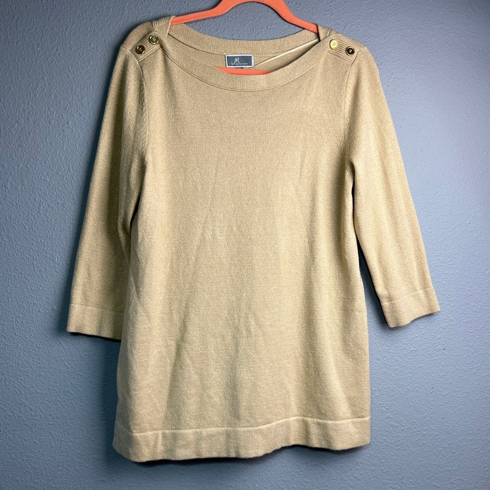 JM Collection Tan Gold Metallic Boat Neck Sweater 3/4 Sleeve Gold Buttons M